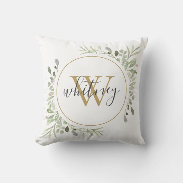 Elegant Script Greenery Monogram Initial Cushion (Front)