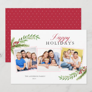 Elegant Script Greenery Photo Happy Holidays Holiday Card