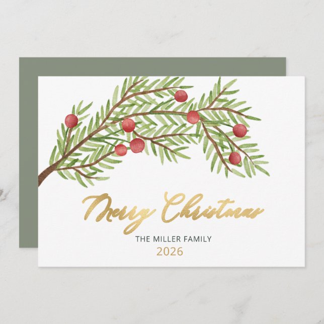 Elegant Script Greenery Red Berries Christmas  Holiday Card (Front/Back)