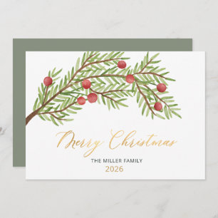 Elegant Script Greenery Red Berries Christmas Holiday Card