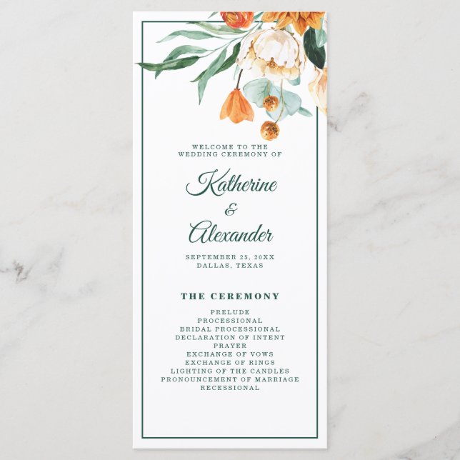 Elegant Script Greenery Watercolor Floral Wedding Programme (Front)