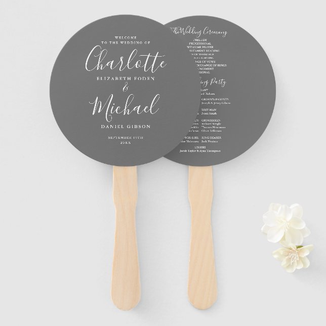 Elegant Script Grey And White Wedding Program Hand Fan (Front and Back)