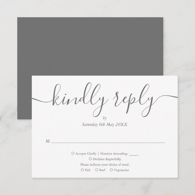 Elegant Script Grey Meal Choice Wedding RSVP Card (Front/Back)