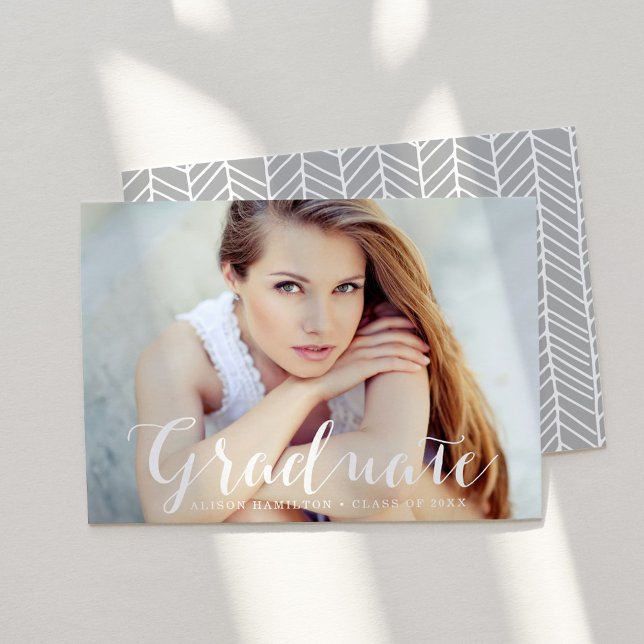 Elegant Script Grey Photo Graduation Announcement (Creator Uploaded)