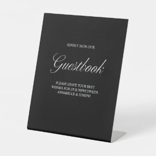 Elegant Script Guestbook Formal Black Wedding Pedestal Sign