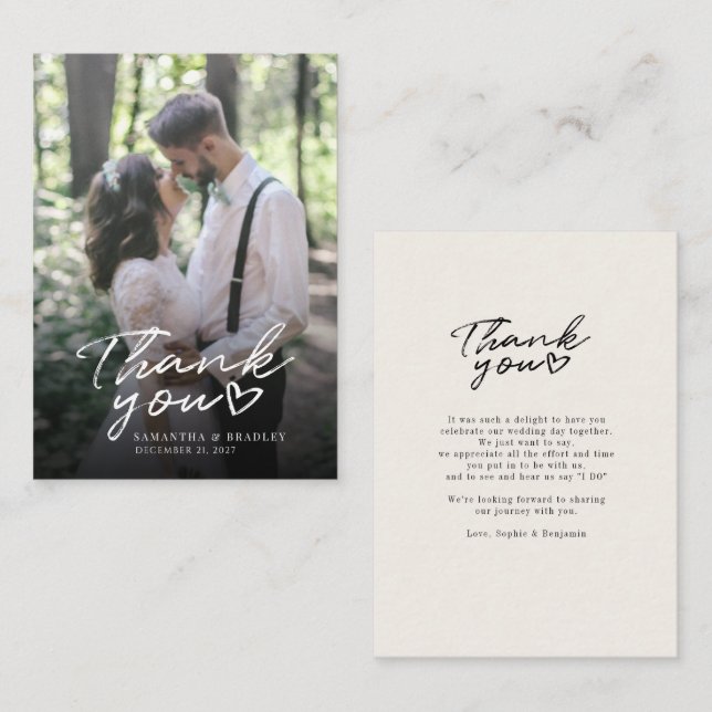 Elegant Script Handwritten Photo Wedding Thank You Card (Front/Back)