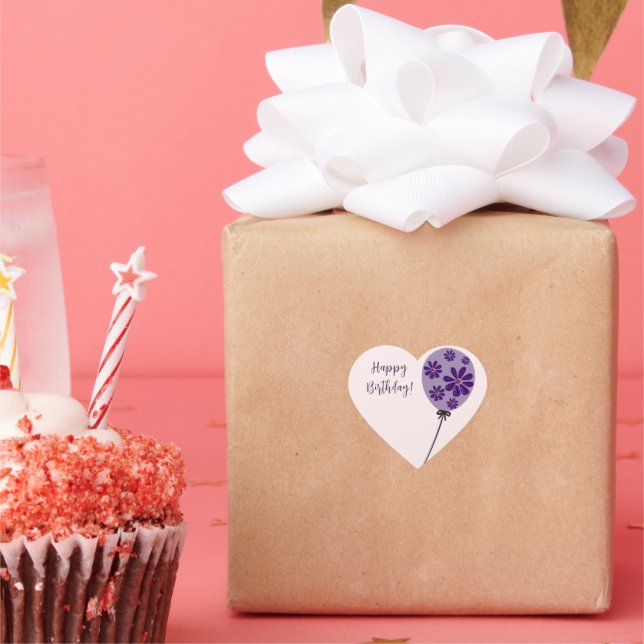 Elegant Script Happy Birthday! Flower Balloon Heart Sticker (Party)