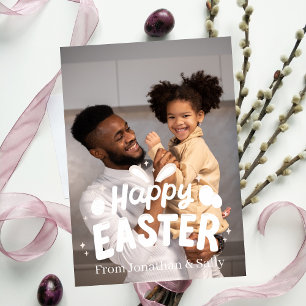 Elegant Script Happy Easter Family One Photo  Holiday Card