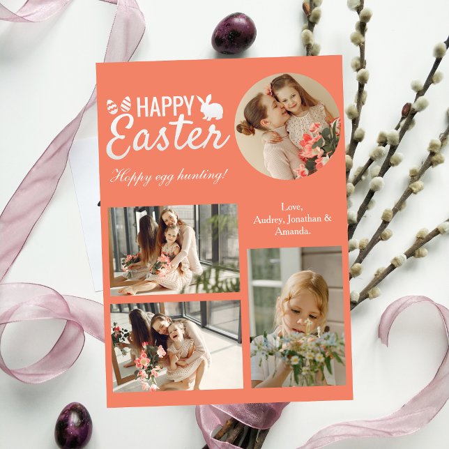 Elegant Script Happy Easter Family Photo Collage Holiday Card (Creator Uploaded)