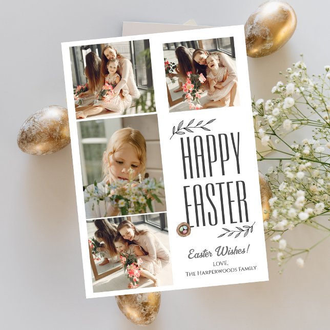 Elegant Script Happy Easter Family Photo Collage Holiday Card (Creator Uploaded)