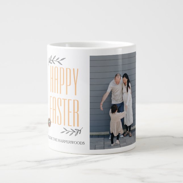 Elegant Script Happy Easter Family Photo Collage Large Coffee Mug (Front)