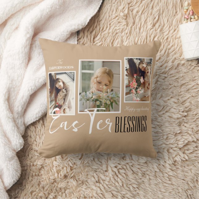 Elegant Script Happy Easter Family Three Photo Cushion (Blanket)