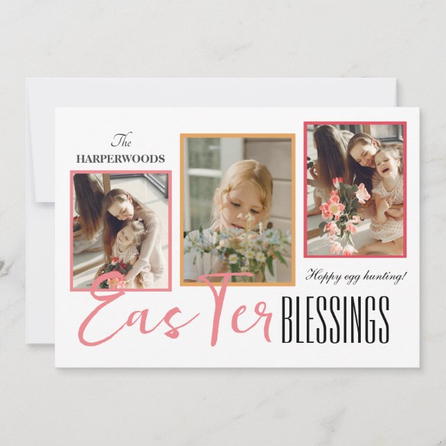 Elegant Script Happy Easter Family Three Photo Holiday Card (Front)