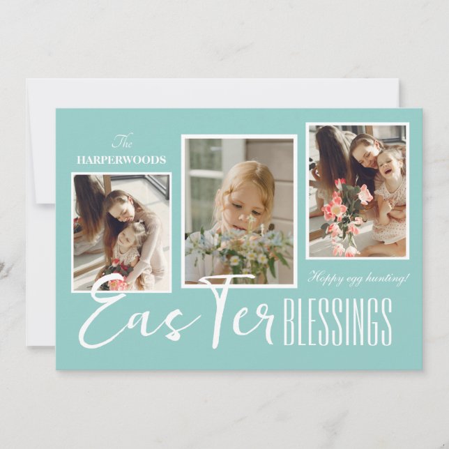 Elegant Script Happy Easter Family Three Photo Holiday Card (Front)