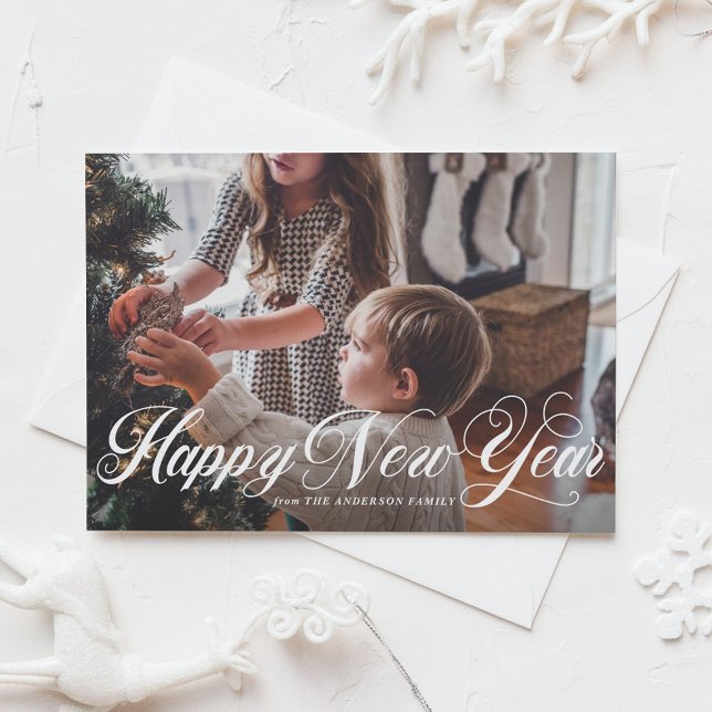 Elegant Script | Happy New Year Photo Flat Card (White Elegant Script Happy New Year Photo Holiday Card)