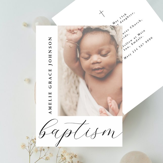 Elegant Script Hazy Baby Photo Religious Baptism Invitation (Creator Uploaded)