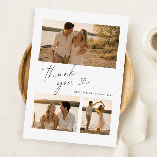 Elegant Script Heart 3 Photo Collage Wedding Thank You Card