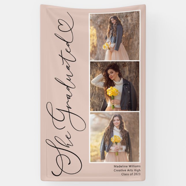 Elegant Script Heart 3 Photo Graduation  Banner (Vertical)
