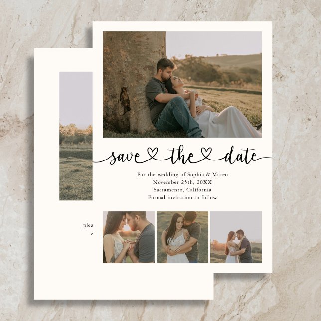 Elegant Script Heart 5 Photo Wedding Save The Date (Creator Uploaded)