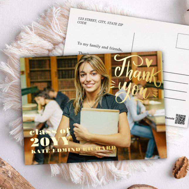 Elegant Script Heart Photo Graduation Thank You  Foil Holiday Postcard (Creator Uploaded)