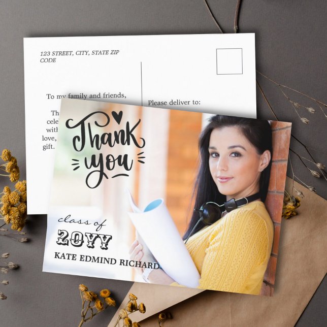Elegant Script Heart Photo Graduation Thank You  Postcard (Creator Uploaded)