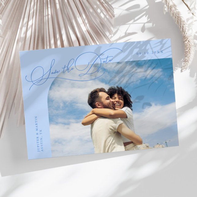 Elegant Script Icy Blue Curved Frame Photo Save The Date (Creator Uploaded)