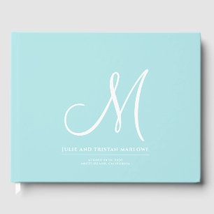 Elegant Script Initial Wedding Monogram Aqua Guest Book