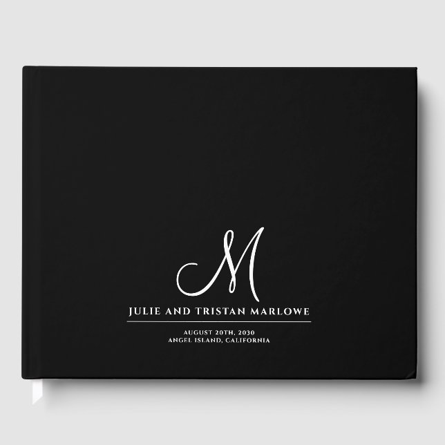 Elegant Script Initial Wedding Monogram Black  Guest Book (Front)