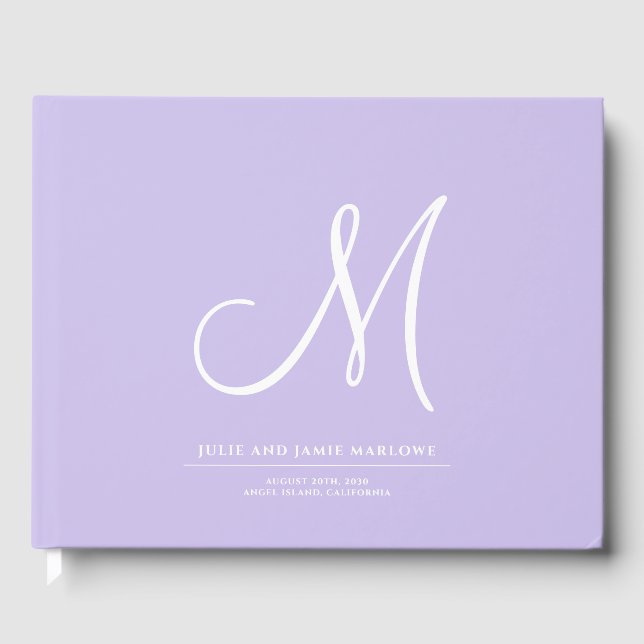 Elegant Script Initial Wedding Monogram Lavender Guest Book (Front)