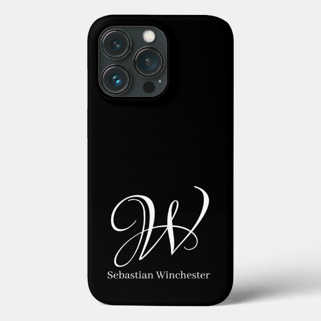 Elegant script initials and name solid black white Case-Mate iPhone case (Back)