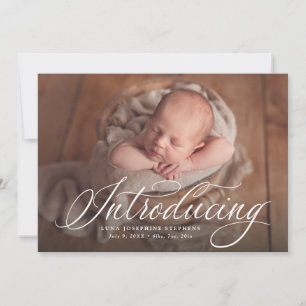 Elegant script introducing one photo pink birth announcement