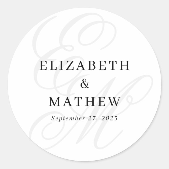 Elegant Script Ivory White Monogram Wedding Classic Round Sticker (Front)