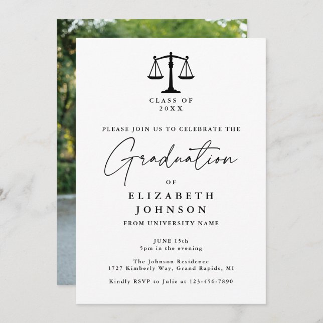 Elegant Script Law School Photo Graduation Party Invitation (Front/Back)