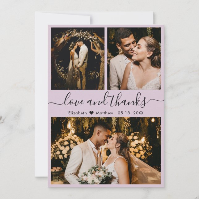 Elegant Script Lilac 3 Photo Collage Wedding Thank You Card (Front)
