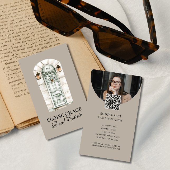 Elegant Script Logo and QR Code Real Estate Business Card (Market your business with this classic script neutral tone business card!)