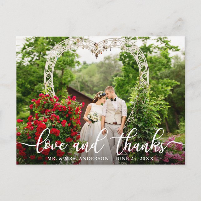 Elegant Script Love and Thanks | Wedding Photo Postcard (Front)