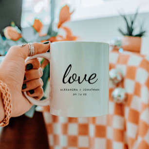 Elegant Script "Love" Custom Couple Names Wedding Coffee Mug