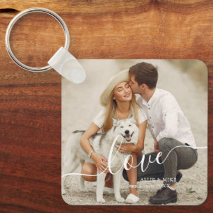 Elegant Script "Love" Custom Photo Key Ring