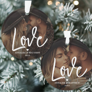Elegant Script Love Heart Two Photo Ornament