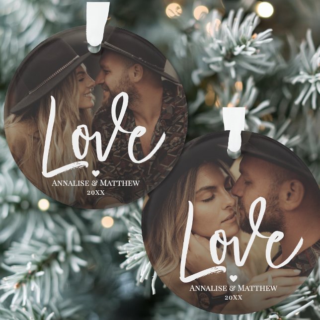 Elegant Script Love Heart Two Photo Ornament (Elegant Script Love Heart Two Photo Ornament )