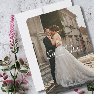 Elegant Script Love Heart Wedding Photo Thank You Card