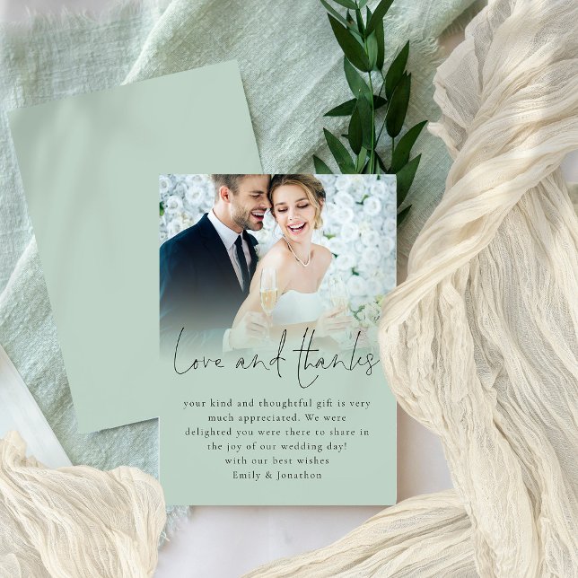 Elegant Script Love Thanks Photo Sage Wedding Card (Front and back view. Available printed or as a digital download)