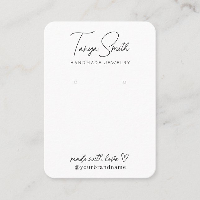 Elegant Script Made Love Heart Earring Display Business Card (Front)
