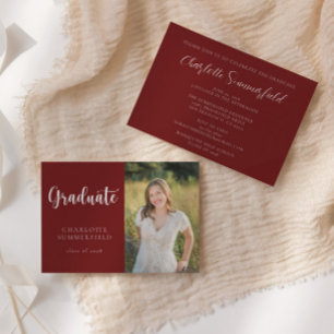 Elegant Script Maroon White Photo Graduation Invitation