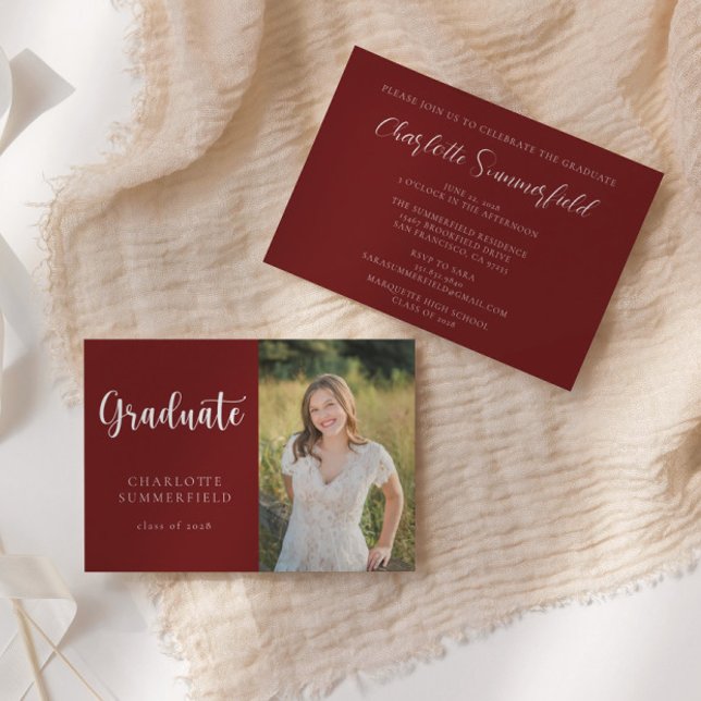 Elegant Script Maroon White Photo Graduation Invitation (Creator Uploaded)