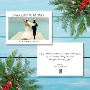 elegant script married and merry newlyweds photo holiday card
