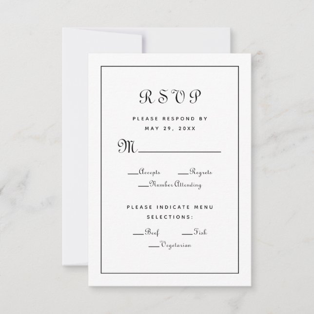 Elegant Script Meal Black White Wedding Enclosure RSVP Card (Front)
