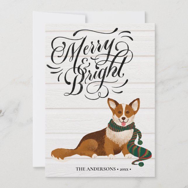 Elegant Script MERRY and BRIGHT Cute Corgi Fun Holiday Card (Front)