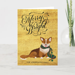 Elegant Script MERRY and BRIGHT Cute Corgi Fun Holiday Card
