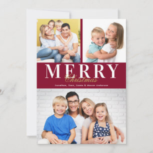 Elegant Script Merry Christmas 3 Photos Holiday Card